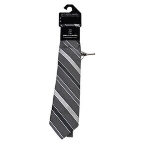 NWT Pierre Cardin Striped Tie Pocket Square Tie Bar Set Grey Mens Accessory